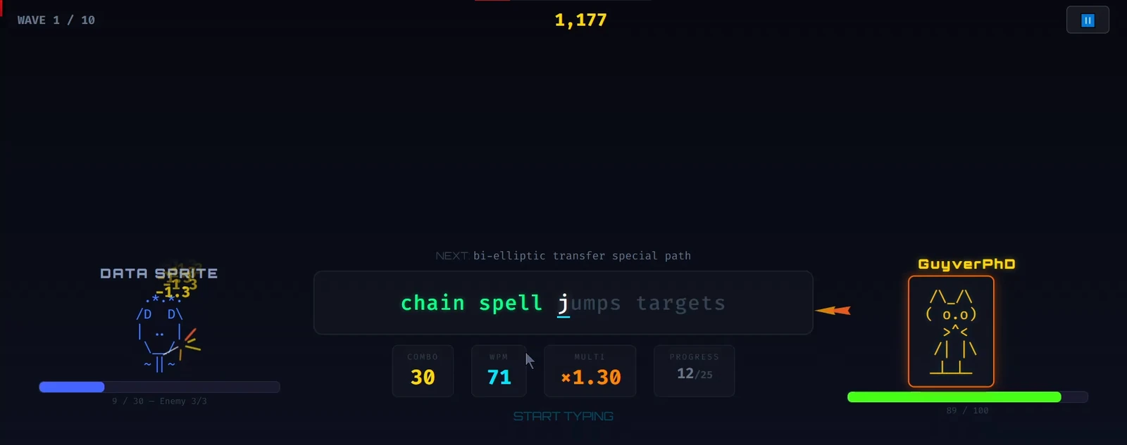 Typers Combat gameplay: typing a sentence to attack an ASCII opponent