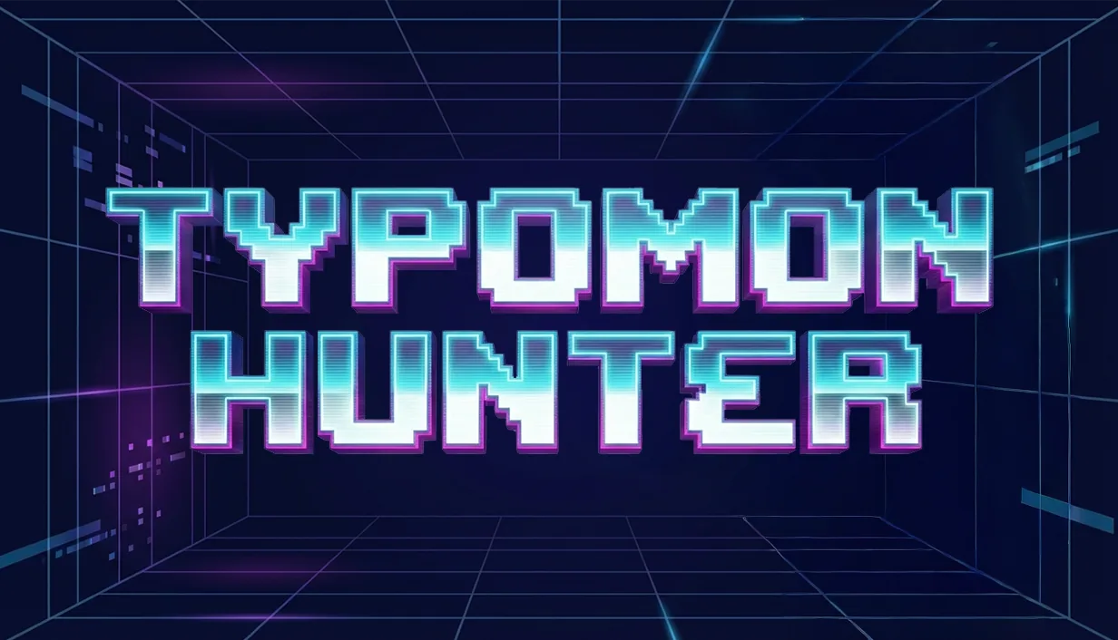 Typomon Hunter logo over a neon cyber grid