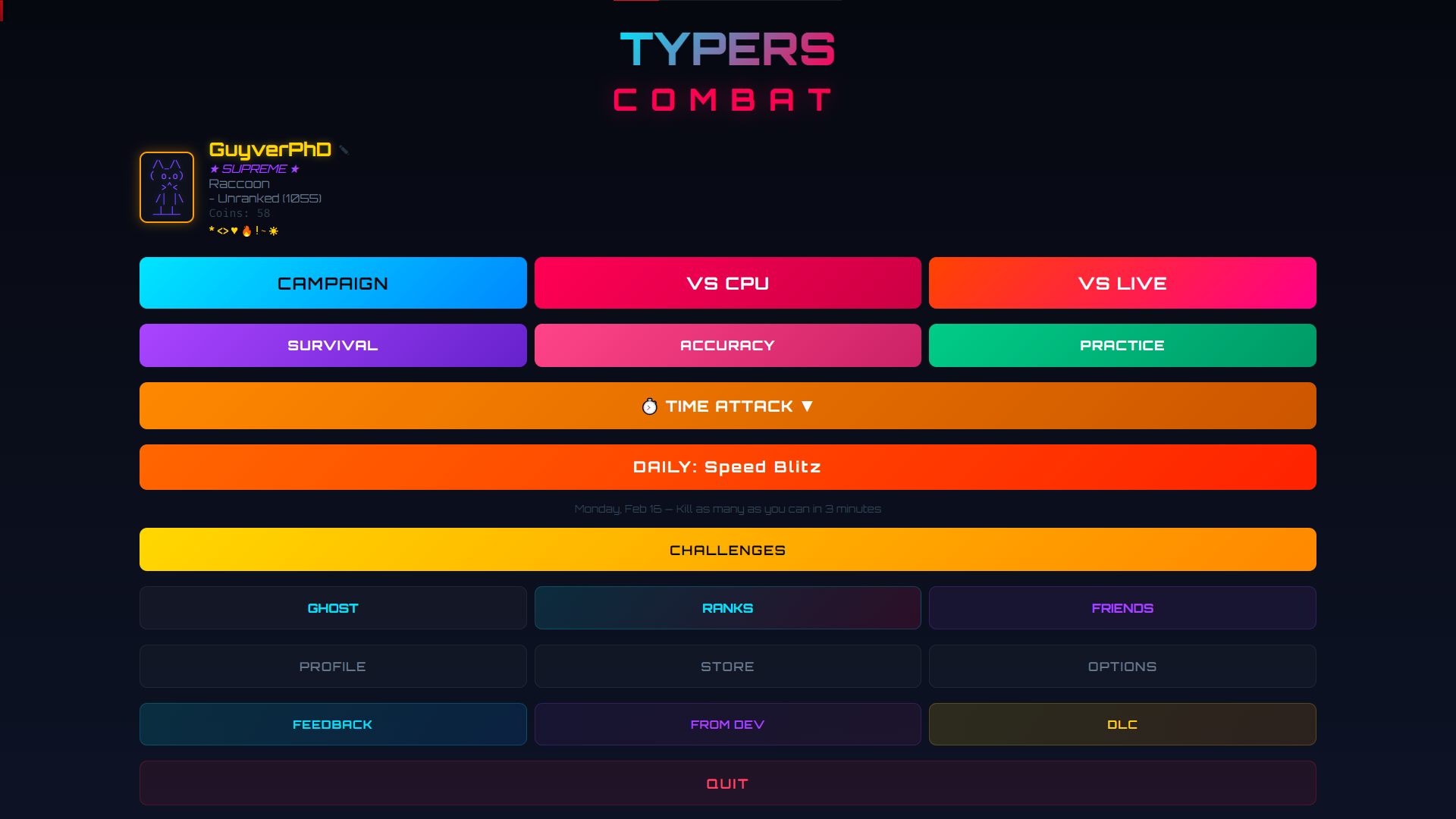 Main menu showing all game modes